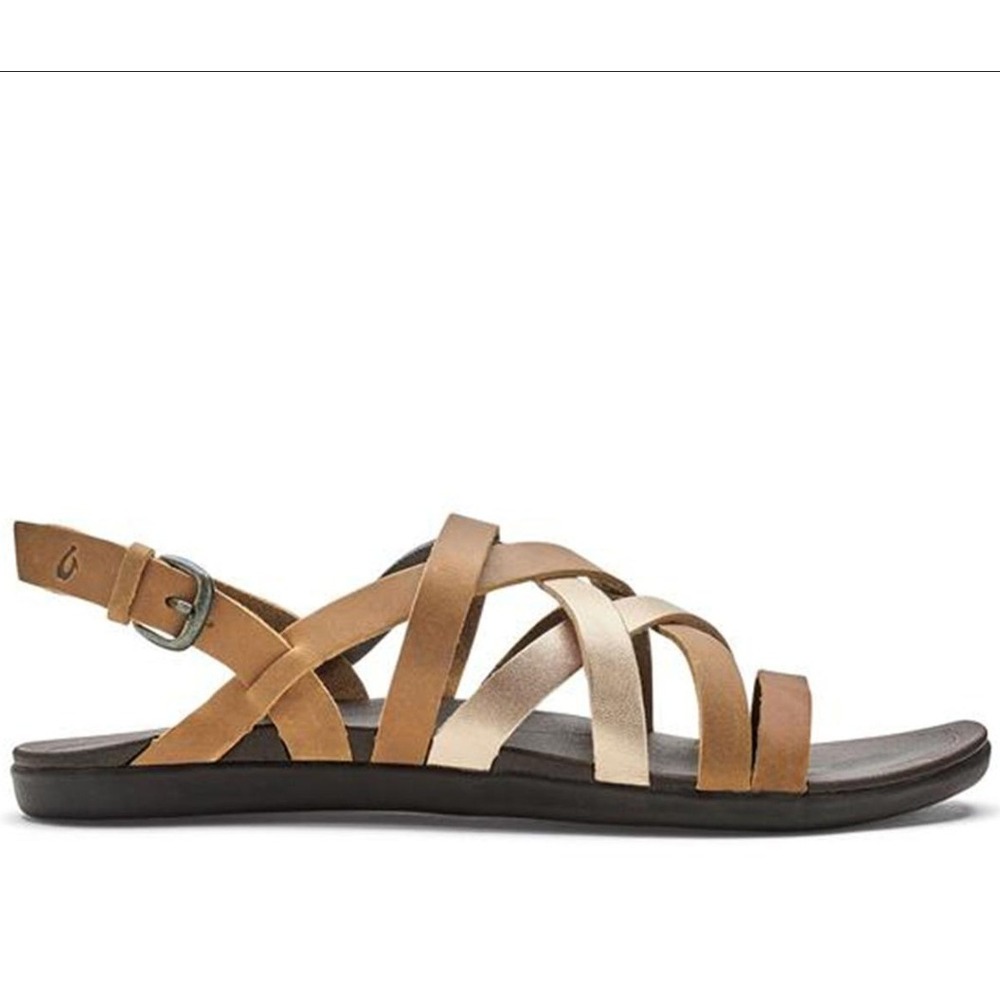 Olukai Awe Awe Tan Metallic Gold Strappy Leather Slingback Sandals Womens 7